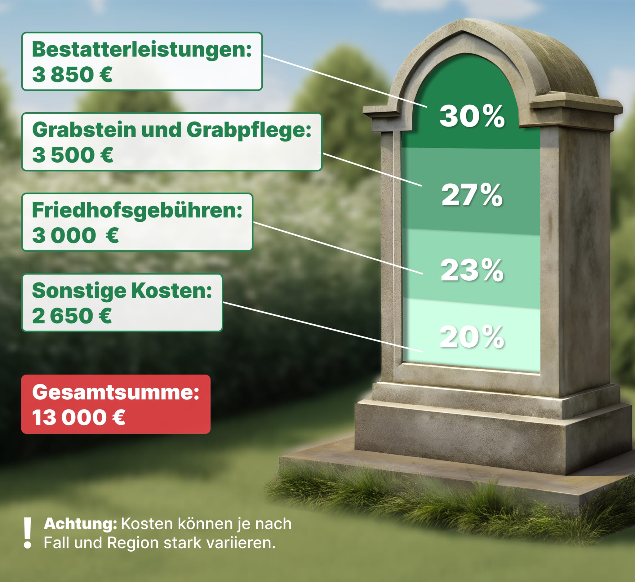 Infografik: Durchschnittliche Bestattungskosten in Deutschland mit vier Kostenblöcken. Bestatterleistungen: 3.850€, Grabstein und Grabpflege: 3.500€, Friedhofsgebühren: 3.000€, sonstige Kosten: 2.650€. Gesamtsumme: 13.000€. Hinweis: Kosten können je nach Fall und Region stark variieren.